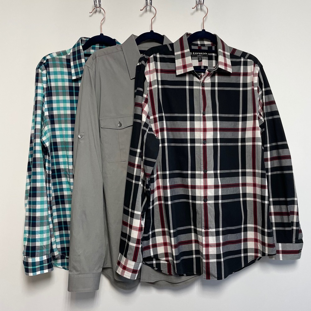 Express Modern Fit Mens M Long Sleeve Button Down Shirt Lot of 3 Plaid Gray